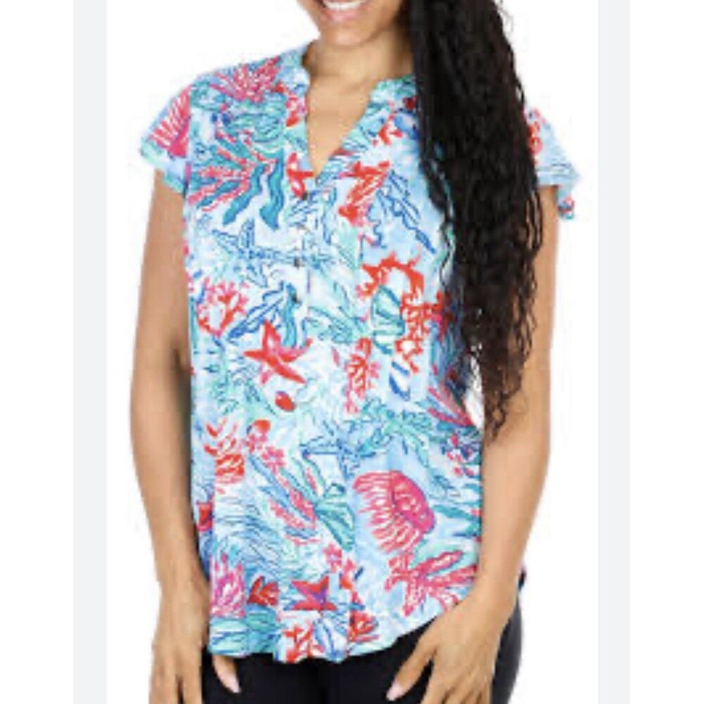 Casey key, Women’s Short Sleeve Tropical Print Pleated Button Front Blouse Sz XL